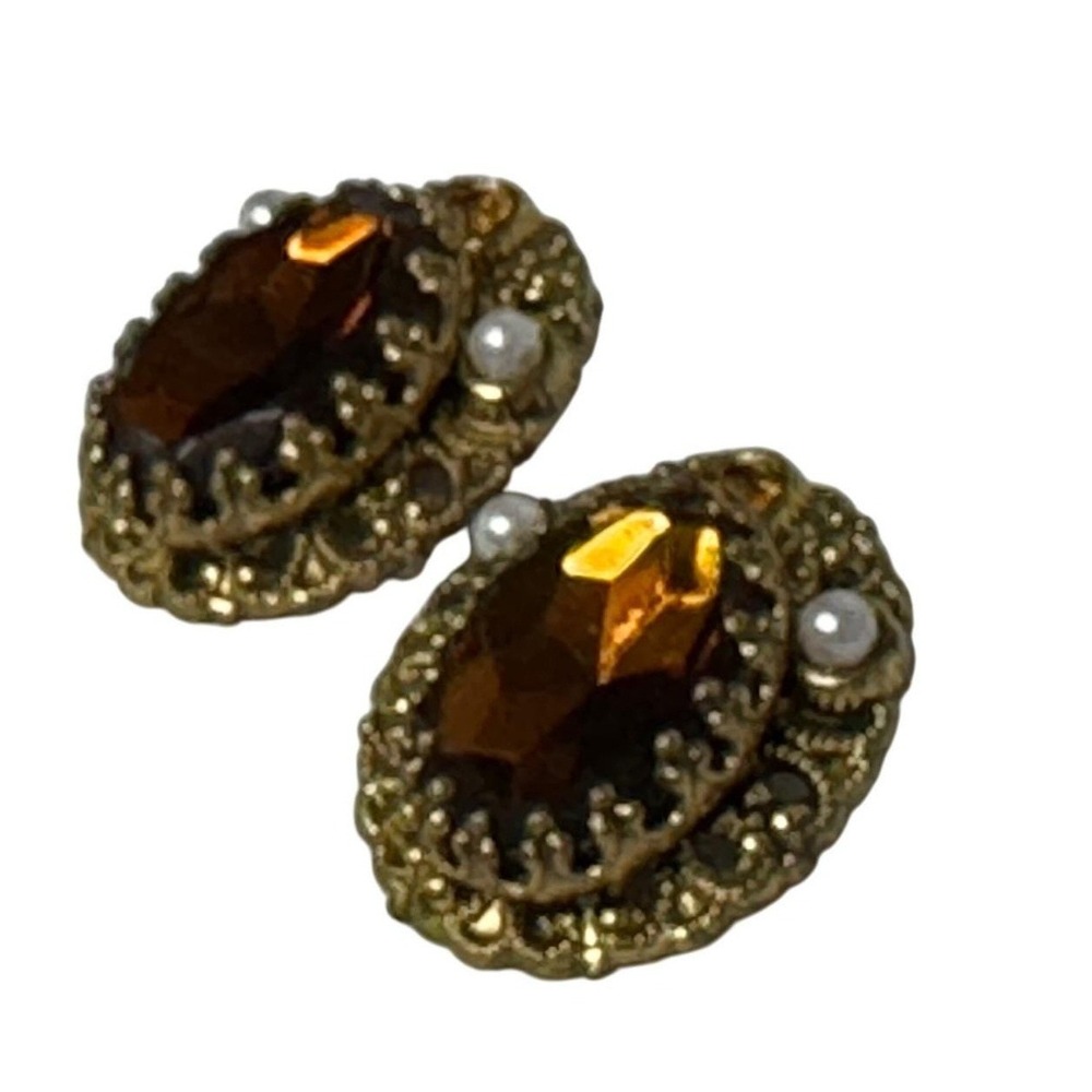Vintage W Germany Clip On Earrings Amber Jewel Faux Pearl Gold Tone Statement